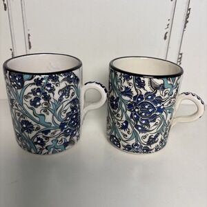 Lot of 2 Nakkas Ceramic Hand Painted In Turkey Blue Green Floral Decorative Mugs